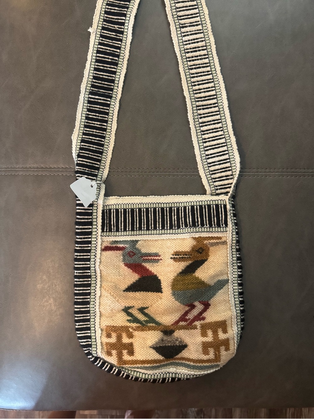 Handwoven Boho Bird Pattern Crossbody Bag in Black and Cream